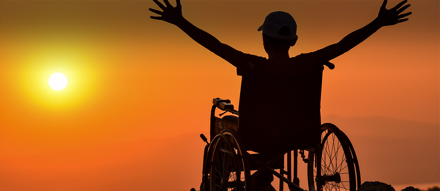 silhouette of a person in a mobility device at sunset