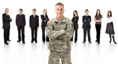 uniformed soldier in front of professionally dressed people