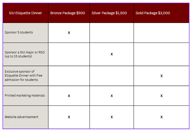 SIU Etiquette Dinner sponsorship with bronze, silver and gold packages